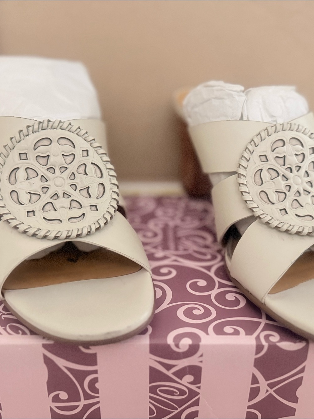 Brighton White Vacchetta Leather Slide Sandals with Decorative Medallion